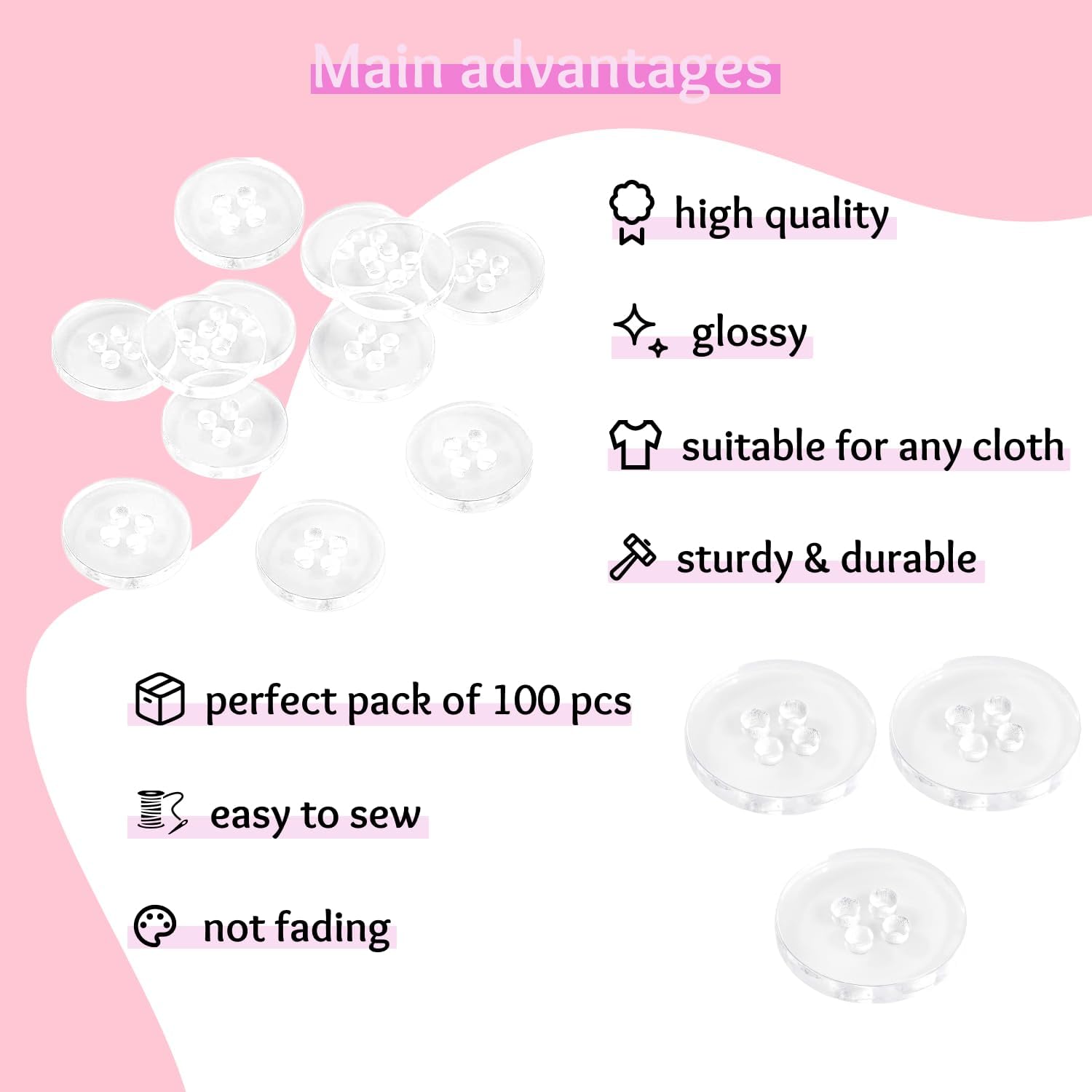 0.60" Clear Buttons for Sewing 100 Pcs Transparent Buttons (15 mm) 4 Hole Round Bulk Sewing Crafts Replacement Button 24L Plastic Buttons for Clothes Dress Pants Shirt Skirt Blouse Craft DIY - Image 3