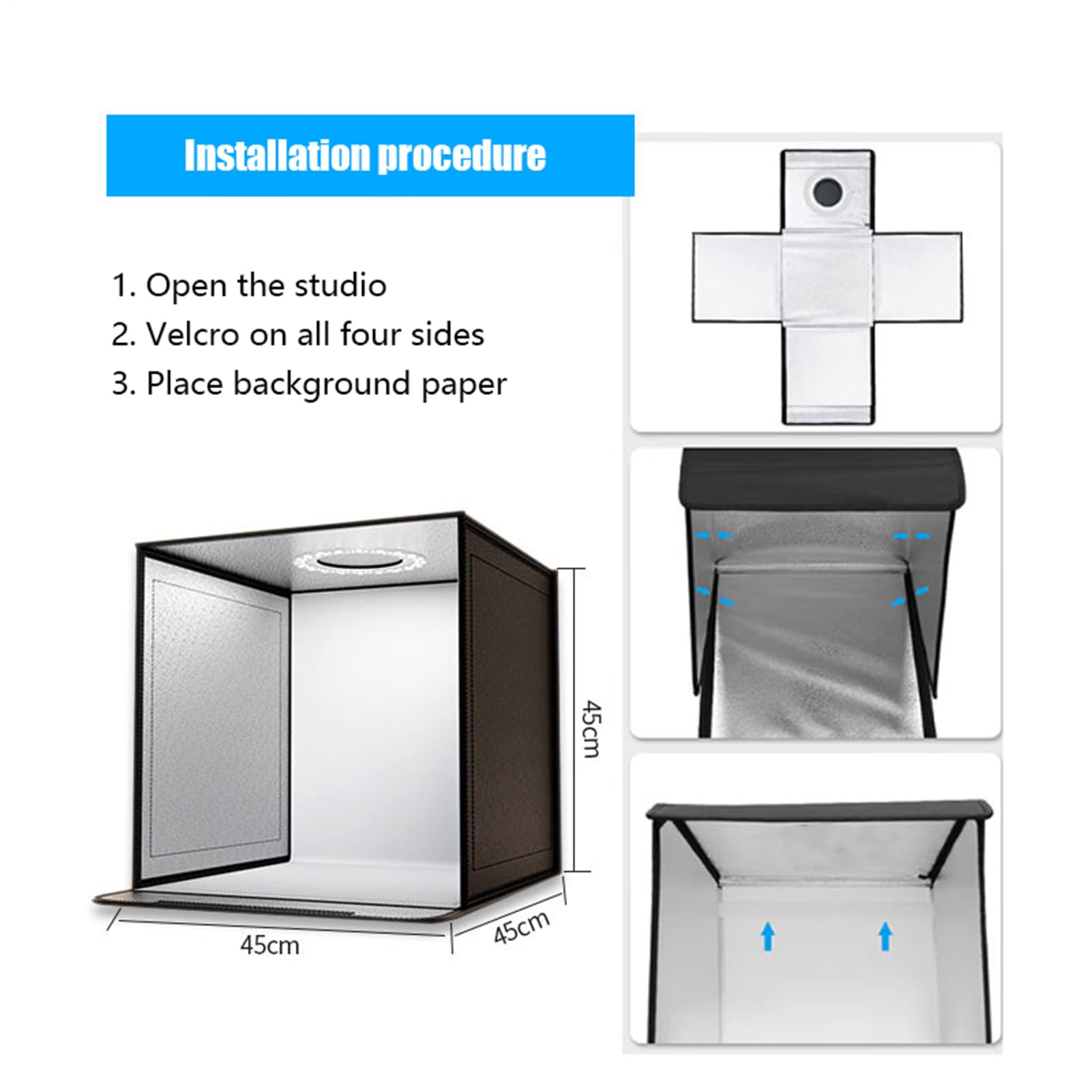 Fotobox - Faltende Fotostudio Box Mit 44x44 Dimmbares LED-Ringlicht - Tragbare Lichtzelt Fotografie Für Schmuck, Produktfotografie, Kleine Gegenstände