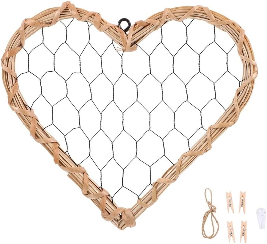 Grid Photo Wall Panels, Heart Shape Iron Rack Art Wire Board, Heart Shaped Willow Garland Picture Hanger Vintage Decor DIY Photo Frame for Home, Office, Kitchen, Bedroom, Black,L