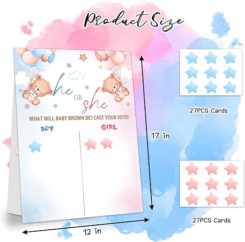 Miniatura 2 de LNOKRIM Juego de fiesta de revelación de género, letrero de mesa de votación con tema de oso para revelación de género, 54 calcomanías de votación