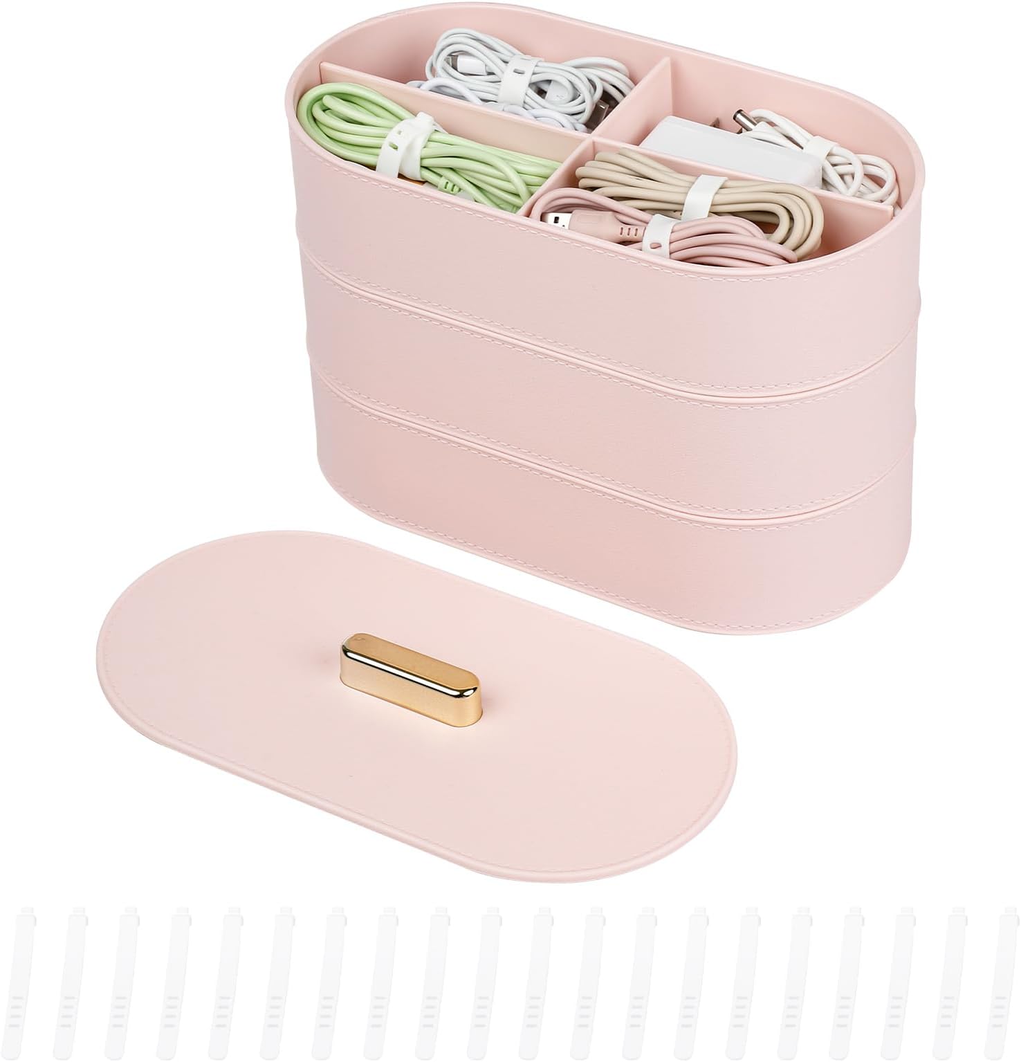 Yesesion Large Cable Storage Organizer with Lid, Plastic Cord Box with 20pcs Wire Ties, Desk Drawer Tray for Phone Chargers, Power Cords, Electronics Accessories, Jewelry, Art Craft (Pink)