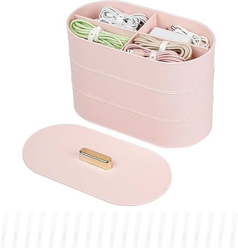 Yesesion Organizador grande de almacenamiento de cables con tapa, caja de plástico con 20 bridas de alambre, bandeja de cajón de escritorio para