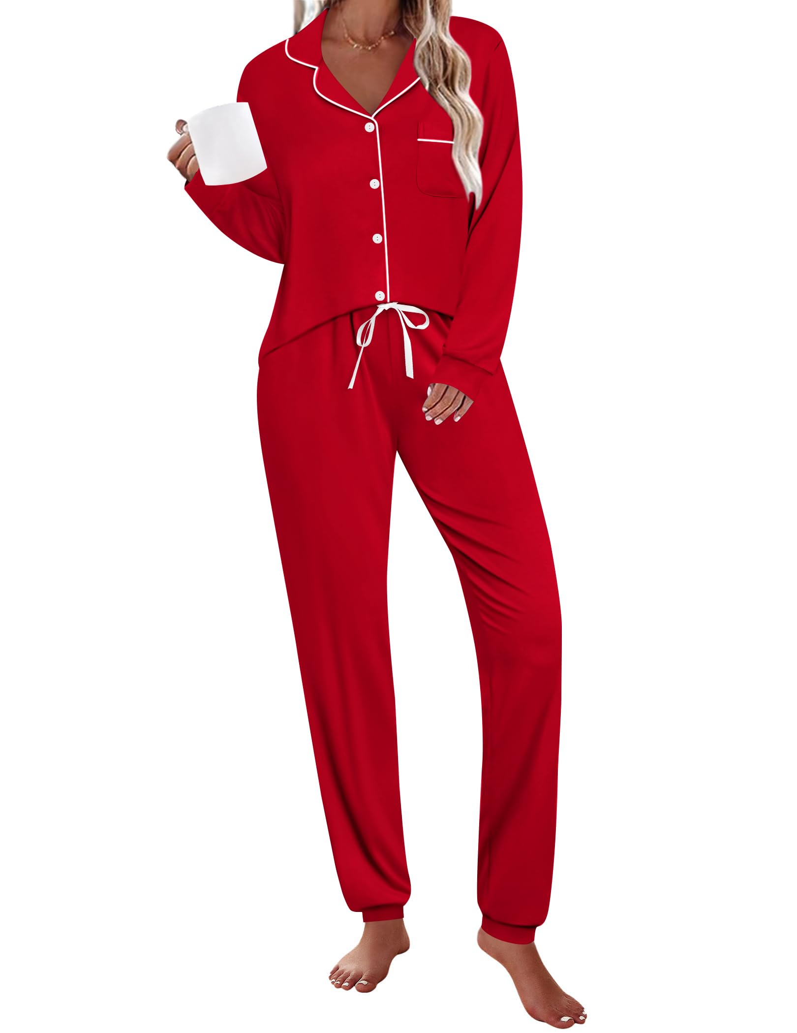 Womens Pajamas Set Long Sleeve Sleepwear Button Down Nightwear Soft Joggers PJs Sets with Pockets Lounge Sets-image-23