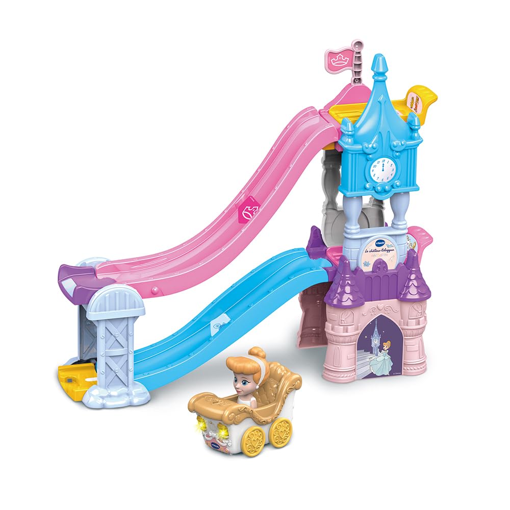 VTech - Tut Tut Bolides Disney Princesses, Le Château-Toboggan Enchanté avec Carrosse de Mariage de Cendrillon, Circuit Voitures, 2 Zones Magiques, Cadeau Enfant de 1 an à 5 Ans - Contenu en Français