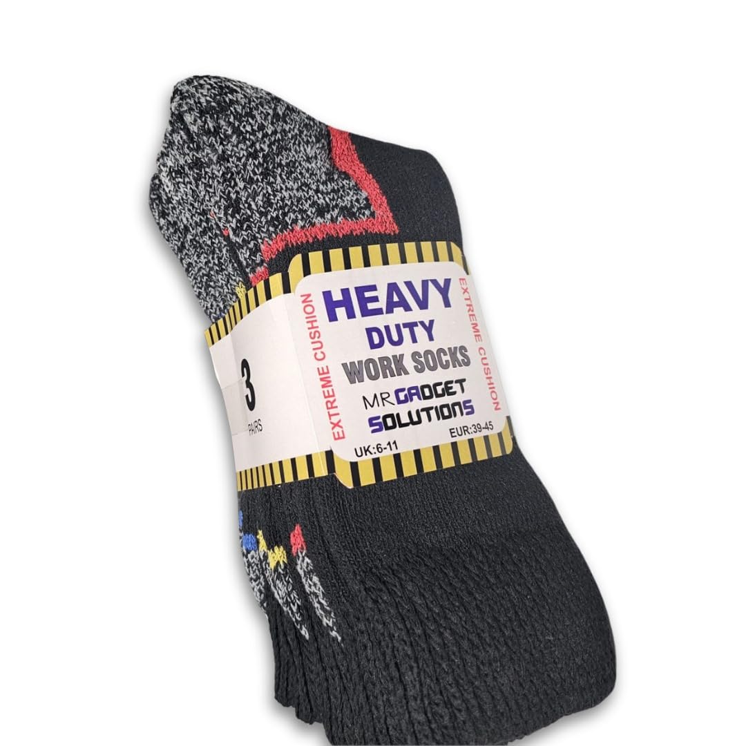 Mr. Gadget Solution® Heavy Duty Work Socks 3 Pairs of Men’s Robust Steel Toe Boot Sock Extra Thick with Enhanced Padding for Comfort UK 6-11