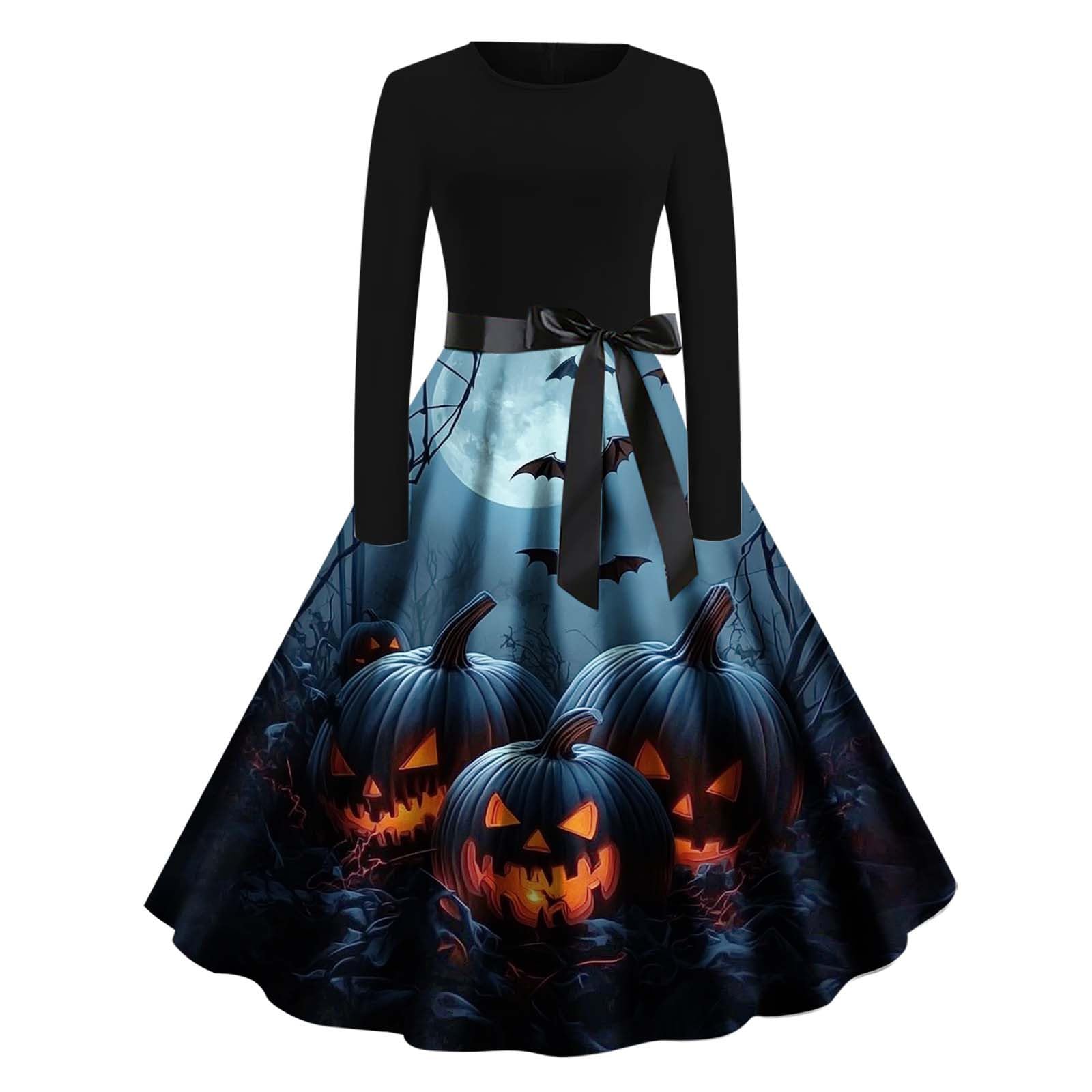 HAOLEI Halloween Costumes Adult Women, Ladies Halloween Dress Retro Pumpkin Skeleton Print Long Sleeve A Line Swing Dress Black Vintage Skull Witch Rockabilly Party Cocktail Novelty Dresses