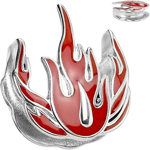 Miniatura 2 de Pierced Owl Calibres de oreja de acero inoxidable 316L con llama roja, se venden como un par