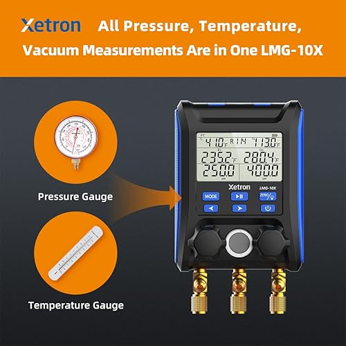 Miniatura 6 de Xetron HVAC - Medidor digital de colector automotriz AC R410a R134a R22, etc con 2 sondas de abrazadera de temperatura con cable, compensación de