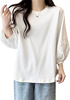 [Vmiutyer LLOP] tシャツ レディース 七分袖 クルーネック ボリューム袖 かわいい 無地 ゆったり おしゃれ シンプル 日常着 カジュアル 黒 白 夏