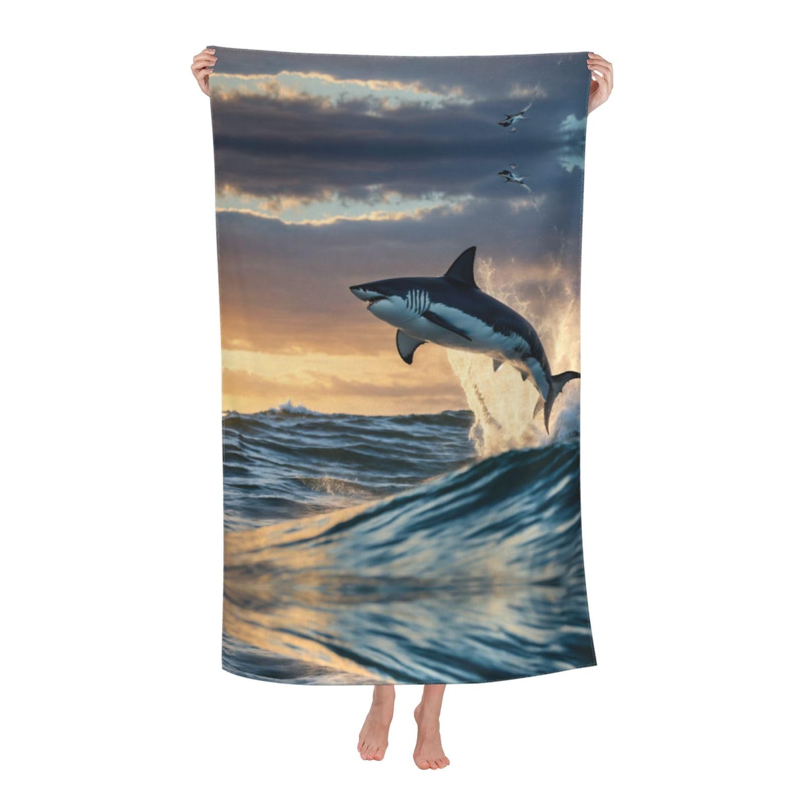Pojknbv White Blue Shark Print Oversized Adult Beach Towel Quick-Dry Comfortable Lightweight Travel Pool Camping