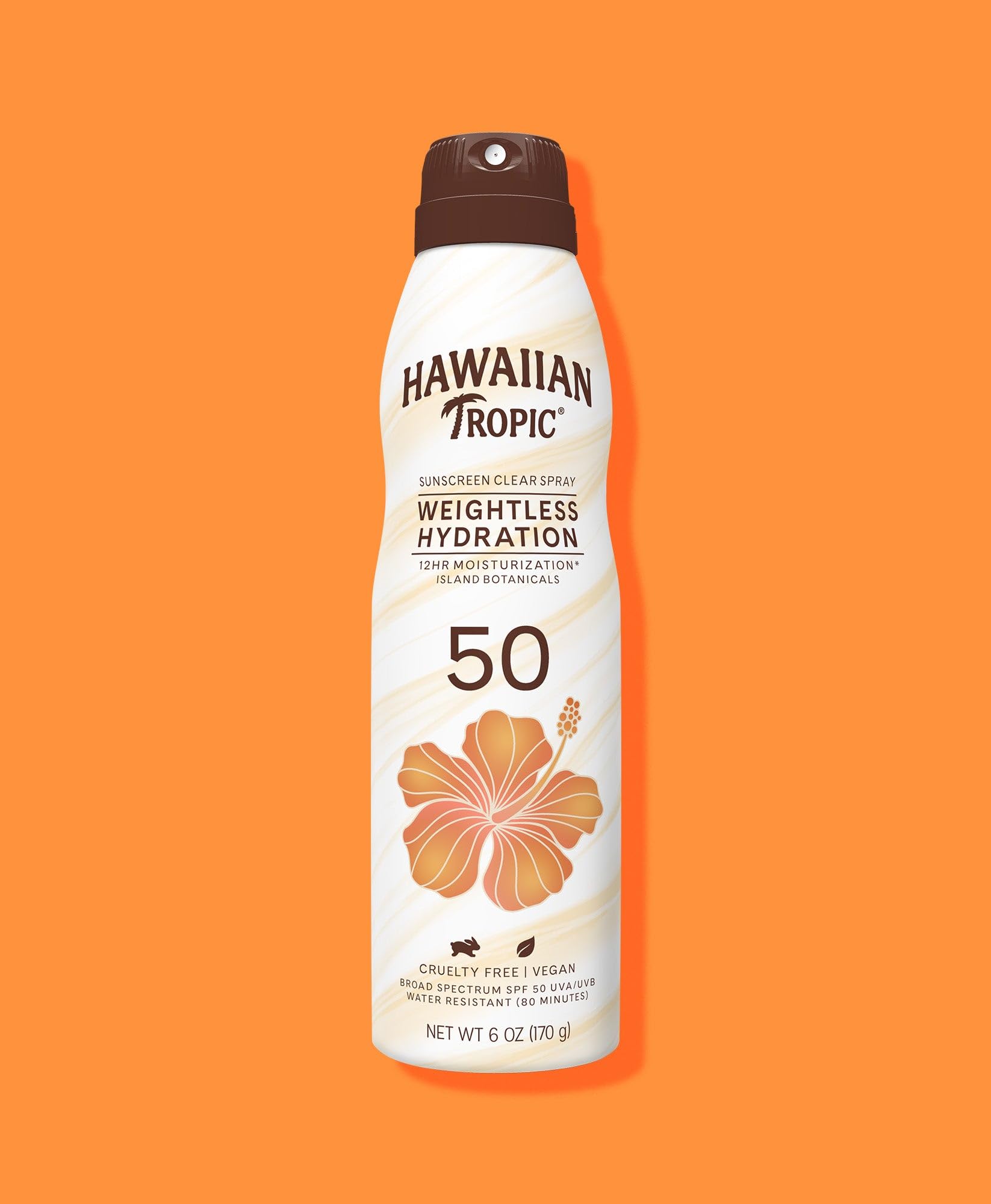 Hawaiian Tropic Sunscreen Clear Spray Weighless Hydration SPF 50 UVA/UVB, 12hrs Moisturization Island Botanical, Vegan,Ultra Light, Water resistant,No Oxybenzone, Dermatologist tested (80 Mins) 170g 6 Fl Oz (Pack of 1)