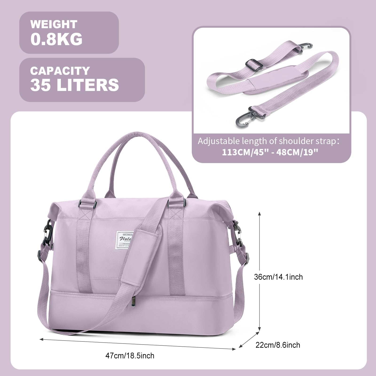Borsone da Viaggio Donna, Bagaglio a Mano Borsa da Viaggio con Scomparto per le Scarpe, Borsa Sportiva Borsone da Palestra Grande, Borsa da Weekend, Borsa per Ospedale,C8 viola