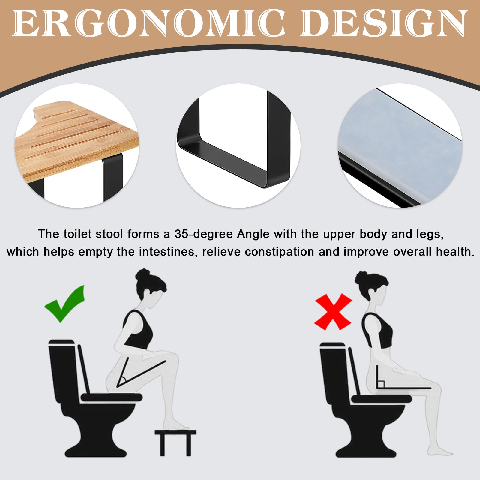 PORFOYO Sgabello WC per adulti, ergonomico, in bambù e antiscivolo, per seduta naturale, per bagno contro stitichezza ed emorroidi, per adulti e bambini