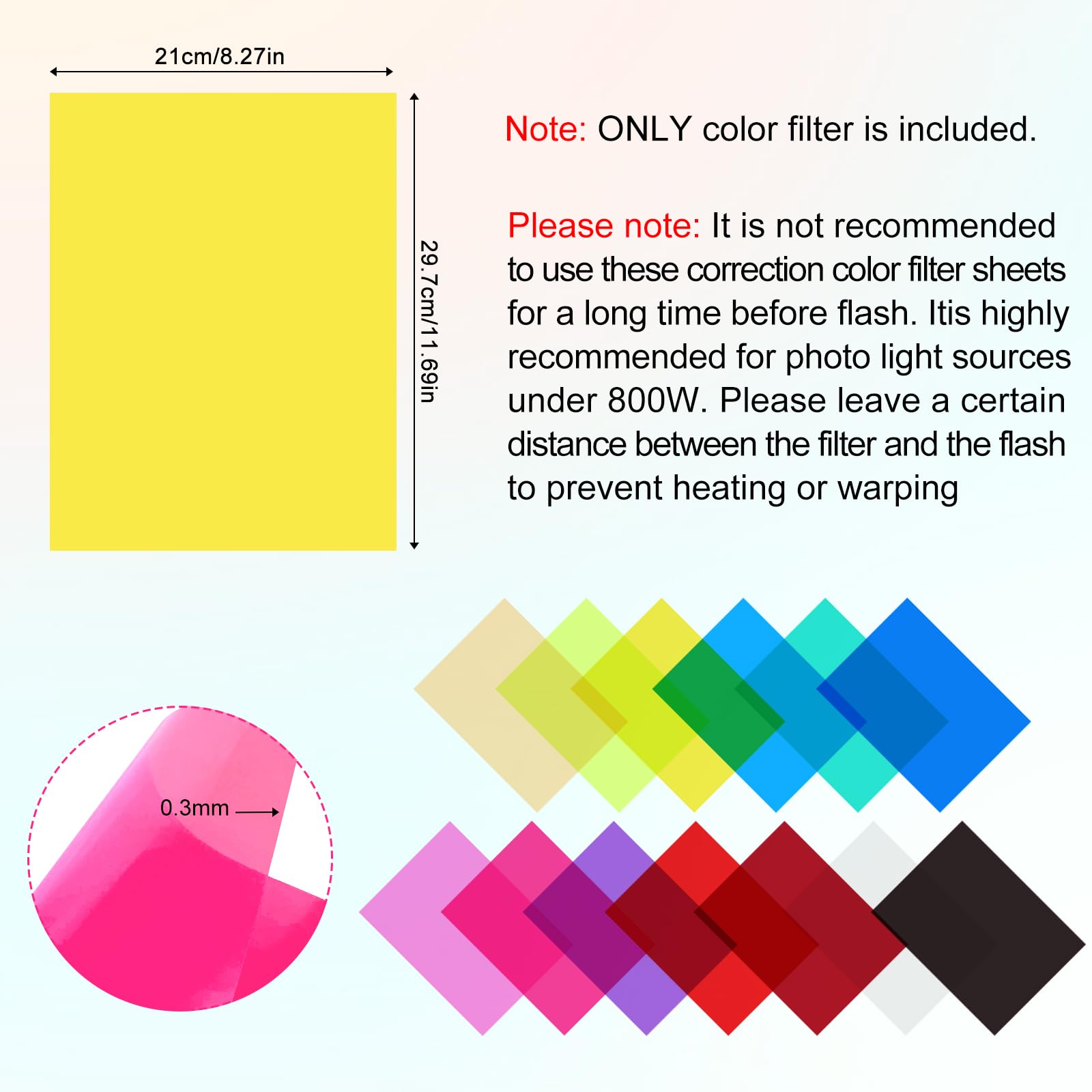 16 stuks transparante kleurfilters gelatine lichten kleurcorrectiefilters gelatine fotografie correctie gel licht voor LED-spots foto Studio Flash stroboscoop 8 kleuren 29,7 x 21 cm