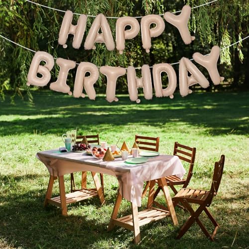 Image of Happy Birthday Balloon Banner Beige, 16 Inch Neutral Tan Self Inflating Happy Birthday Foil Balloon, Nude Born Day Bunting Banner Letter Balloons for Men Women Bday Party Decorations Supplies