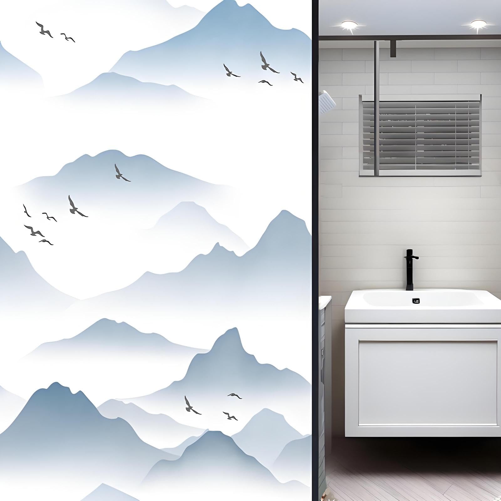 Lwlfc Blue Window Film Privacy 60X200cm Mountain Privacy Film For Glass Windows,Blackout Self-Adhesive,Opaque Film For Bathroom,Static Outdoor