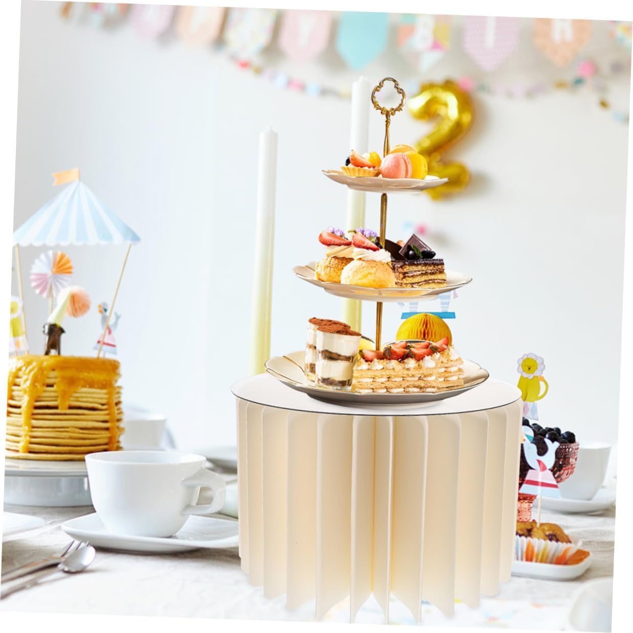 GALPADA 2pcs White Cylinder Pedestal Stands Foldable round Paper Columns for Party and Wedding Dessert Table Decoration, 30cm Diameter X 20cm 40cm Height