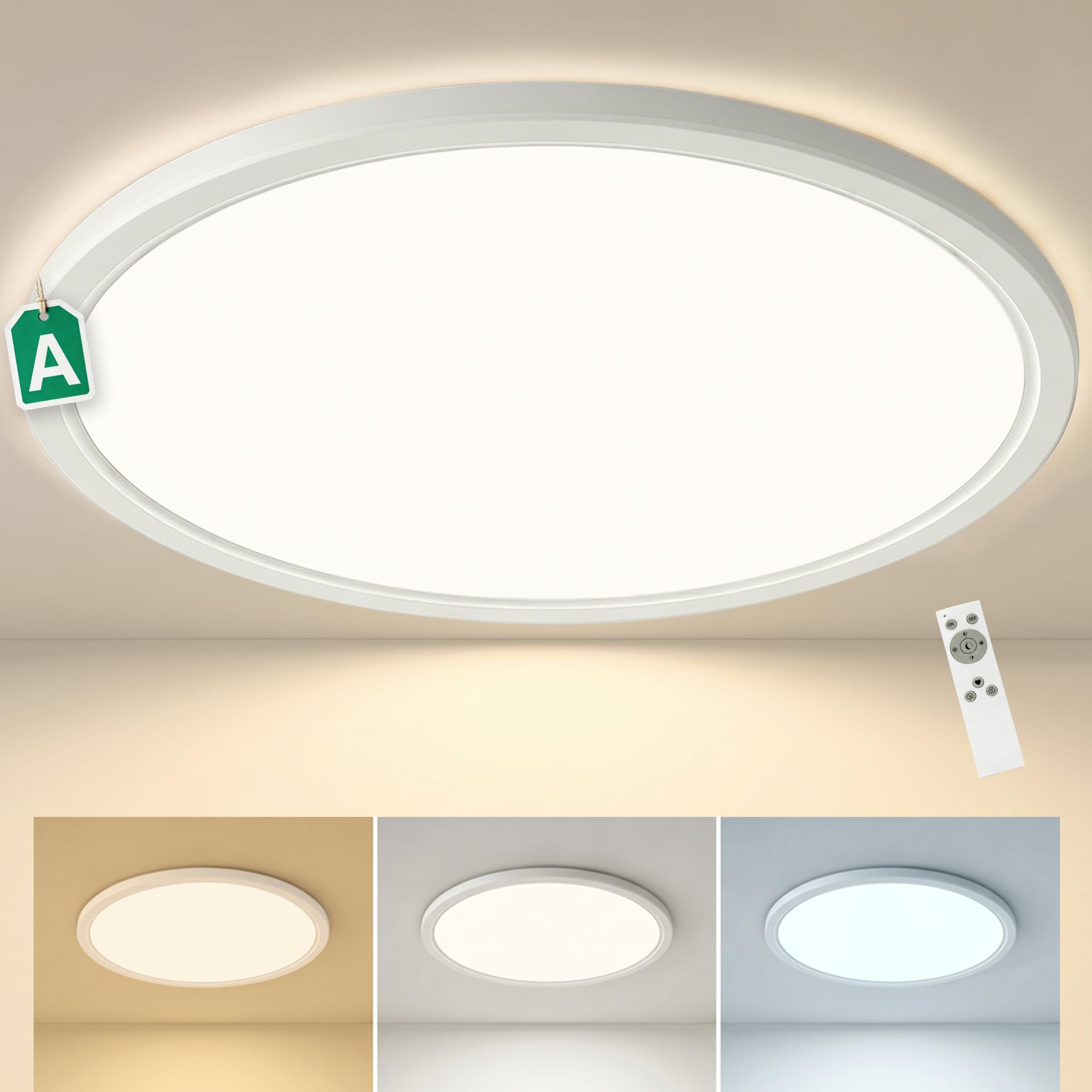 Bowfar LED Deckenleuchte Effizienzklasse A, 24W 5280LM Deckenlampe Dimmbar | Deckenleuchte Flach mit Fernbedienung, 3000K-6500K, IP54 Wasserfest Badezimmer Lampe für Wohnzimmer Schlafzimmer Küche Ø60CM