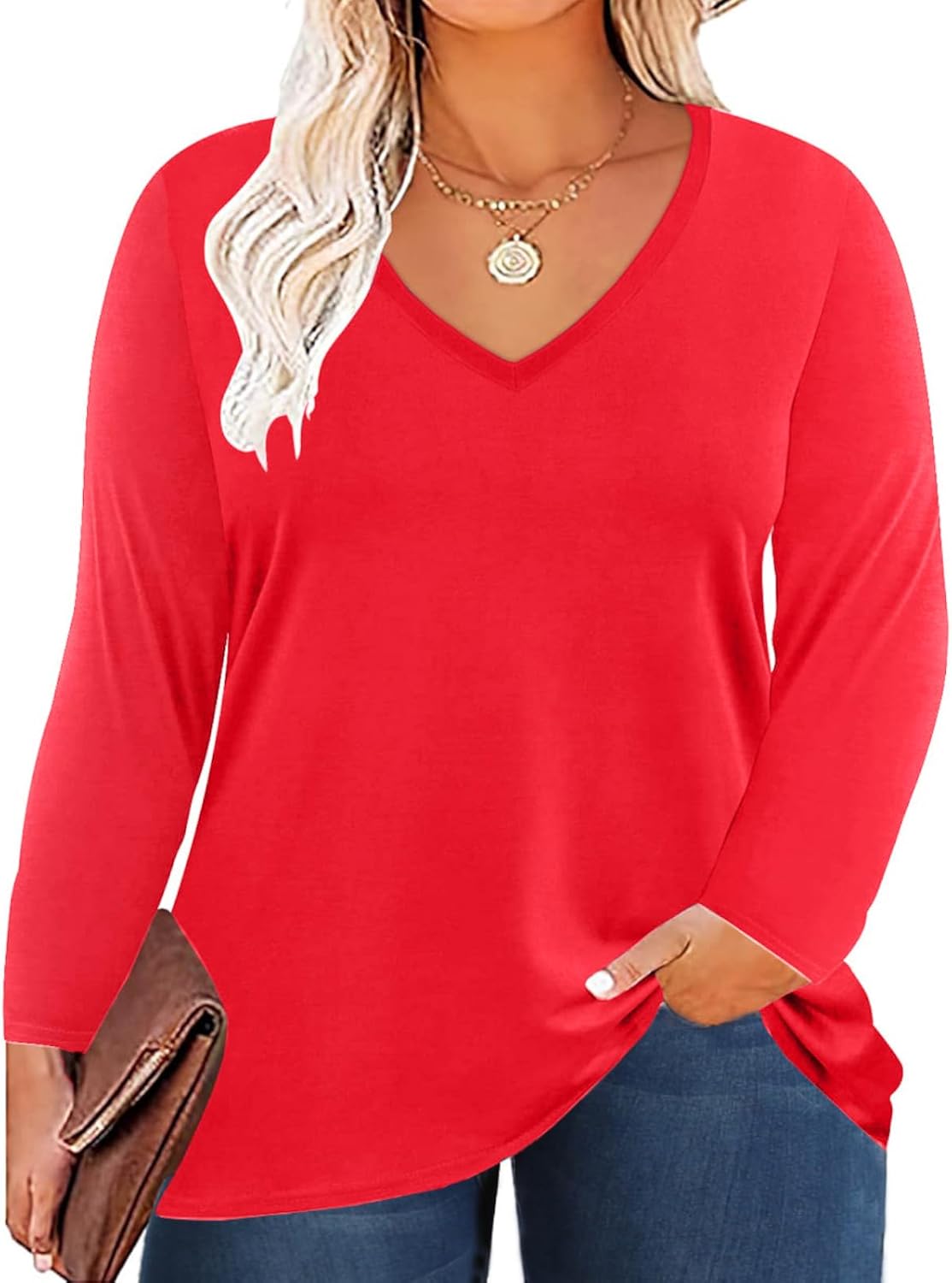 Women's Plus Size Tops Long Sleeve Tee Shirt V Neck Basic Ladies Loose Fit T Shirt