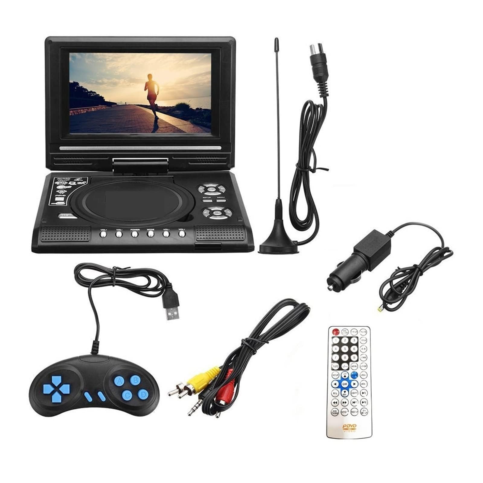Lettore DVD portatile con schermo LCD girevole HD da 7,8 pollici, funzione mini TV, lettore DVD/VCD/CD/MP3, supporto USB e scheda SD, ingresso/uscita AV, batteria ricaricabile integrata per uso