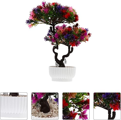 Miniatura 4 de Happyyami Adorno de bonsái de simulación en maceta de plástico 2 piezas adornos de flores artificiales para decoración del hogar