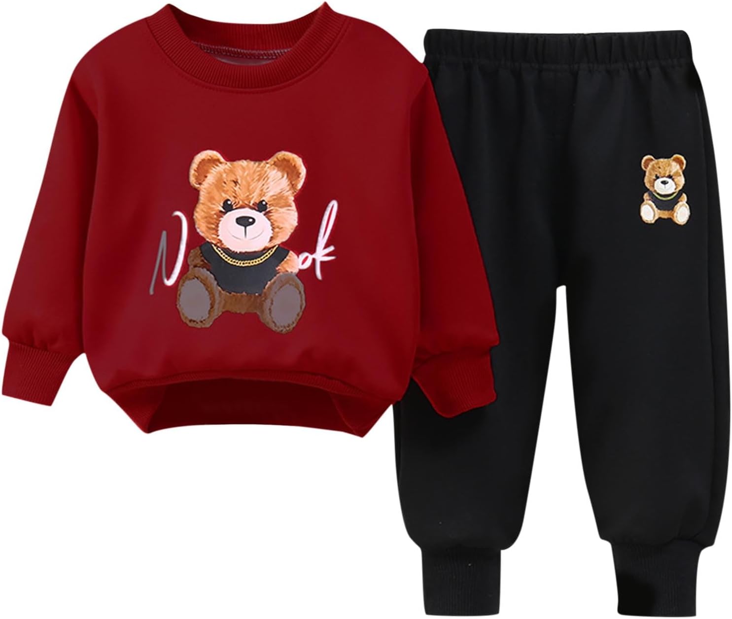 0-7T Baby Boys and Girls Teddy Bear Cute Set Long Sleeves Crewneck Sweatshirt and Sweatpants Two-Piece Outfits