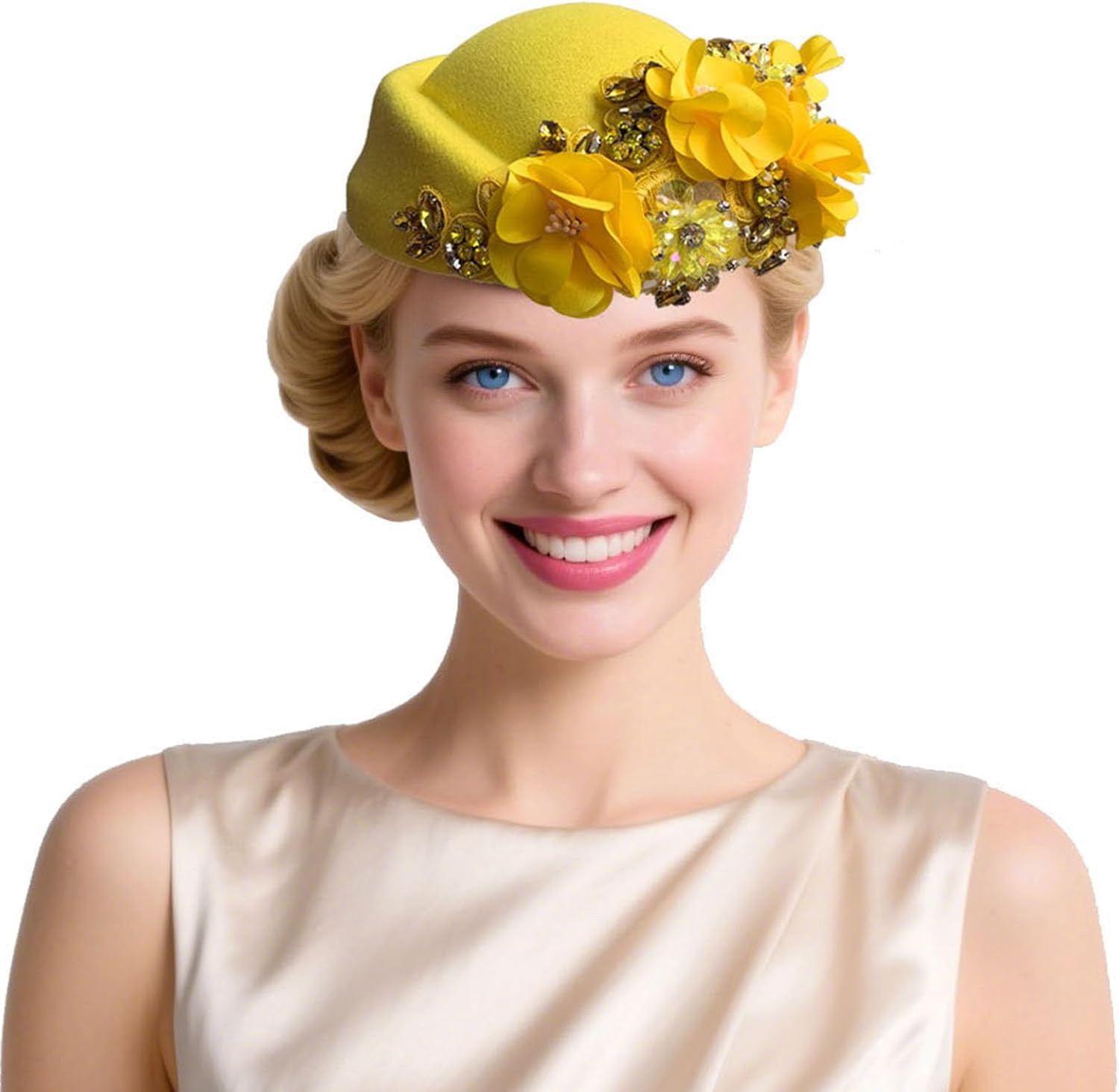 Women's Retro British Felt Headscarf Hat Church Derby Headdress with Floral Women's Soft Beret