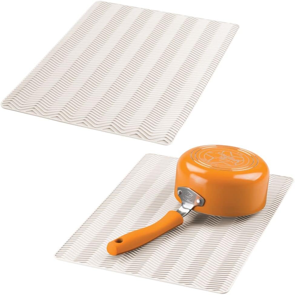 mDesign Silicone Dish Drying Mat and Protector for Kitchen Countertops, Sinks - Chevron Design - Non-Slip, Waterproof, Heat Resistant, Dishwasher Safe - 2 Pack - Cream/Beige