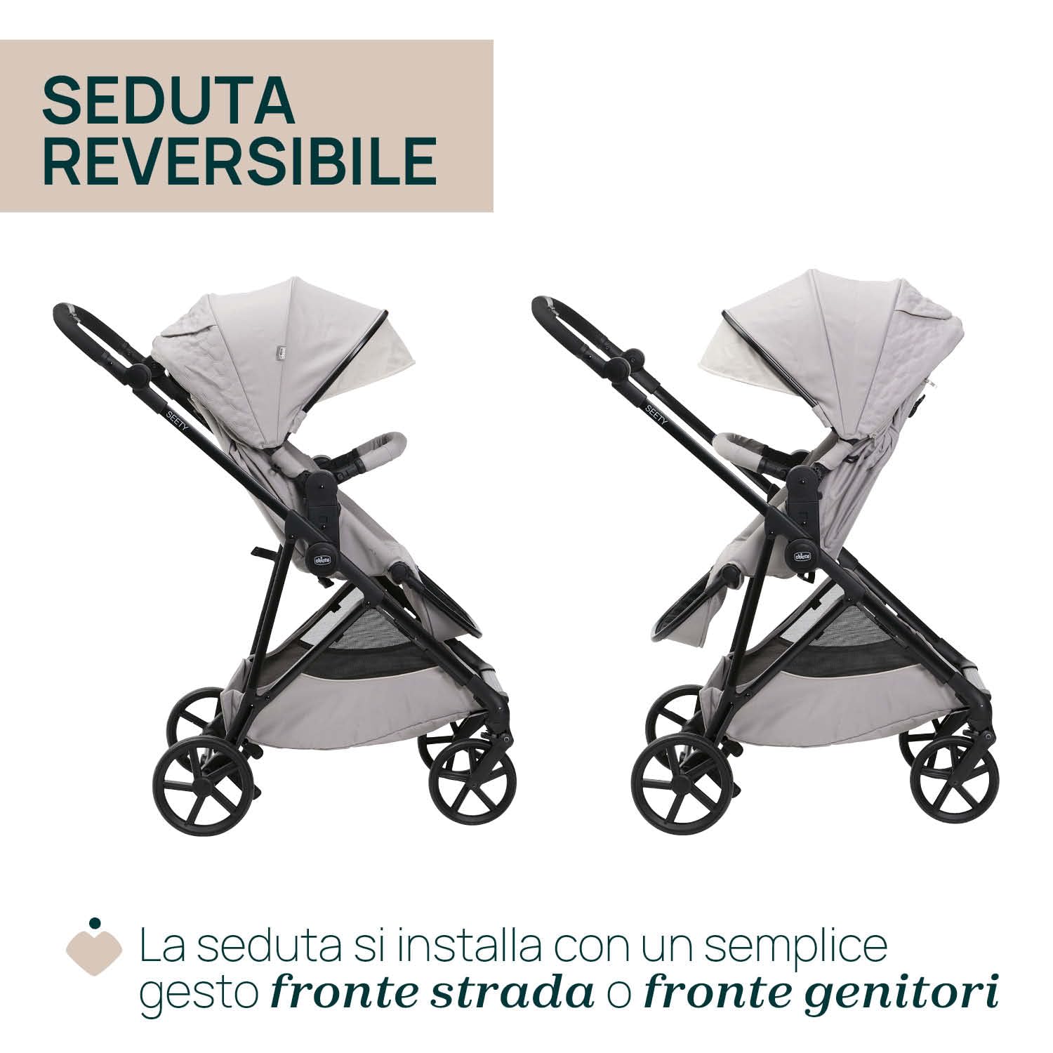Chicco Passeggino Seety, Passeggino Leggero e Compatto Da 0 Mesi a 4 Anni, Portata Max 22kg, Passeggino Pieghevole, Schienale Reclinable, Chiusura Automatica in 1 Gesto, Capotte Parasole e Parapioggia