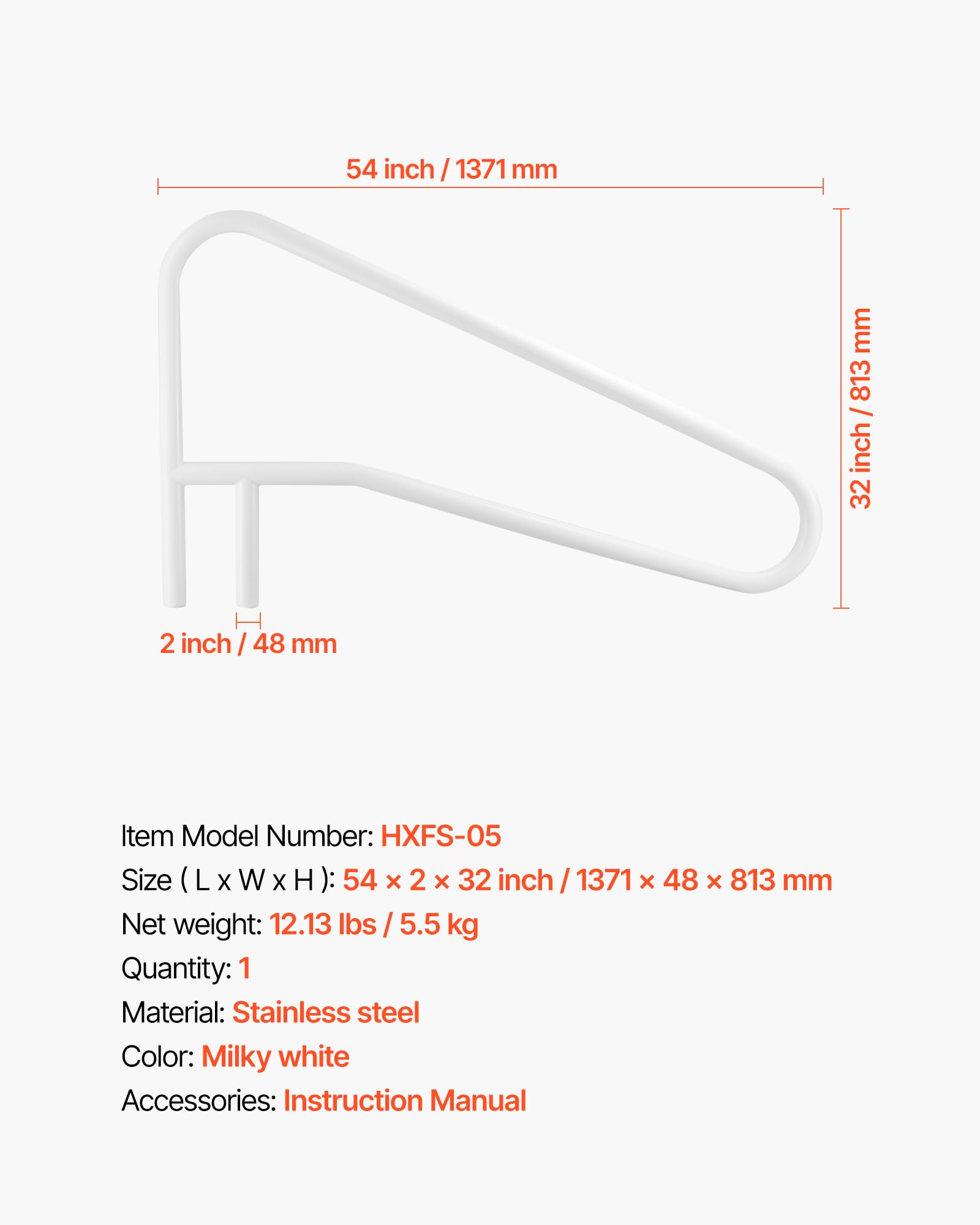 VEVOR Schwimmbad Handlauf, 1371x48x813 mm, 100 kg Tragfähigkeit, Pool Haltegriff aus Edelstahl, nahtlos geschweißt, Einbau-/Basismontage, Einstiegshilfe für Poolbereiche, Wasserparks, Spa-Zentren