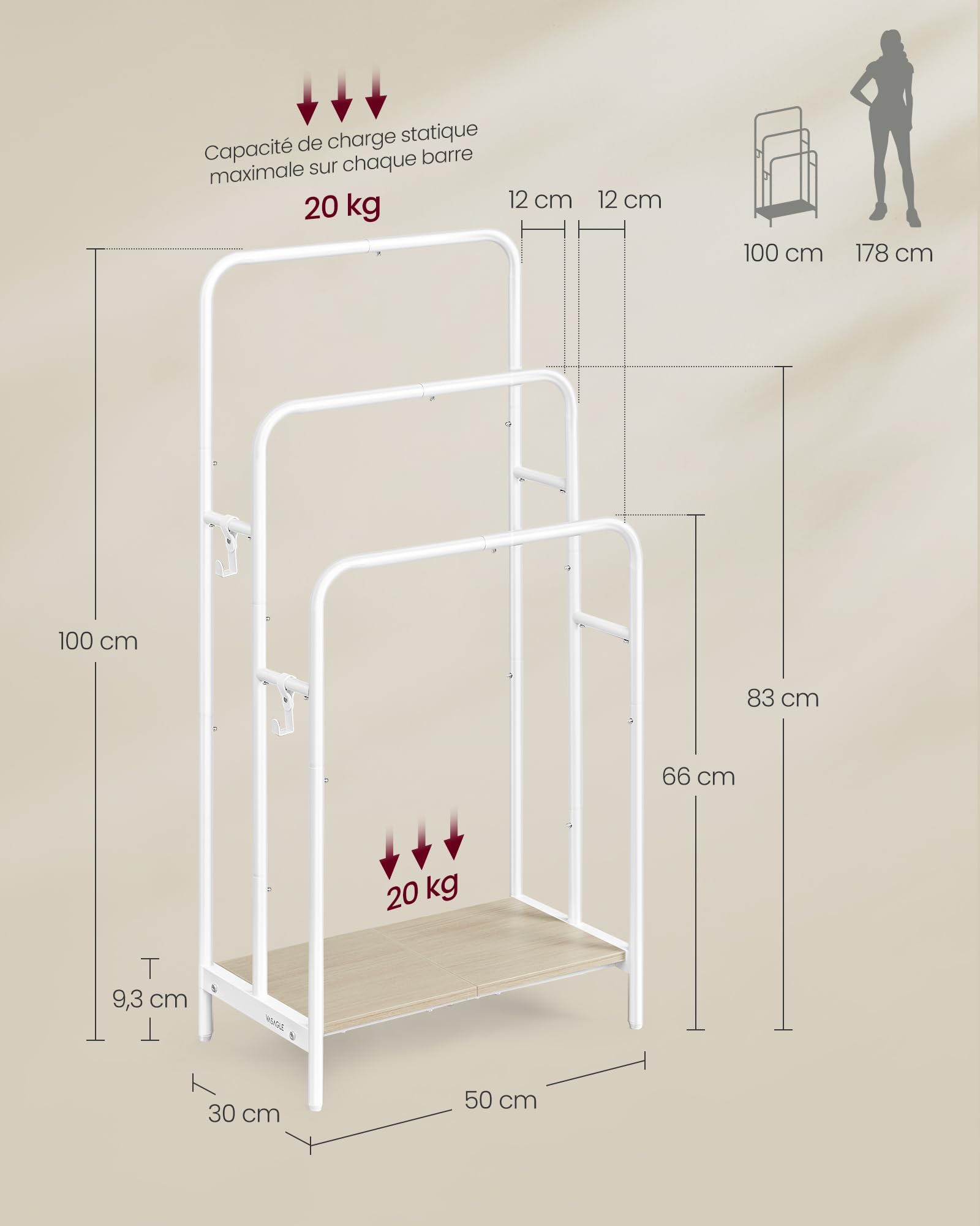 VASAGLE Porte Serviette Salle de Bain, Range Serviette, sur Pied, 3 Barres, 50 x 30 x 100 cm, 2 Crochets, Étagère de Rangement, Blanc Mat et Beige Naturel LLS009W01