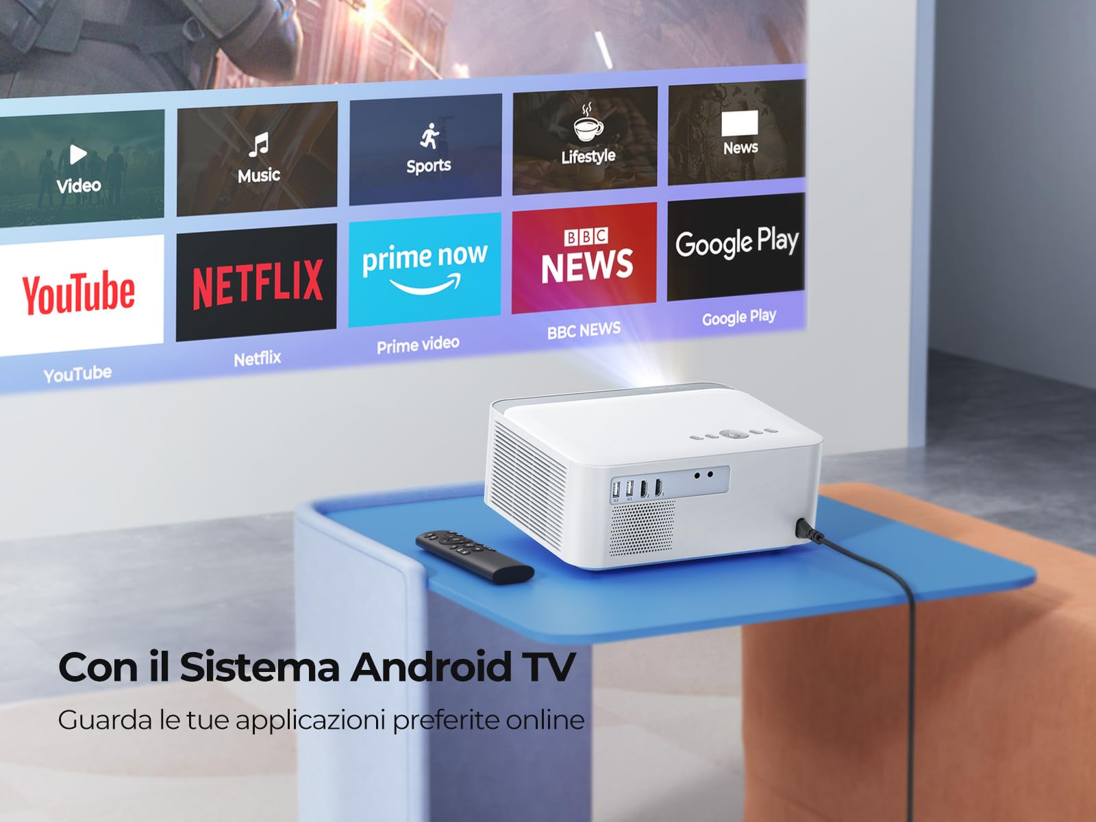Proiettore【Netflix/Android TV Integrato/Auto Keystone】Proiettore 4K Supporto1080P Nativo Full HD,25000 Lumens Videoproiettore,WIFI Bluetooth Proiettore Portatile Home Cinema per PS5(con Treppiede)