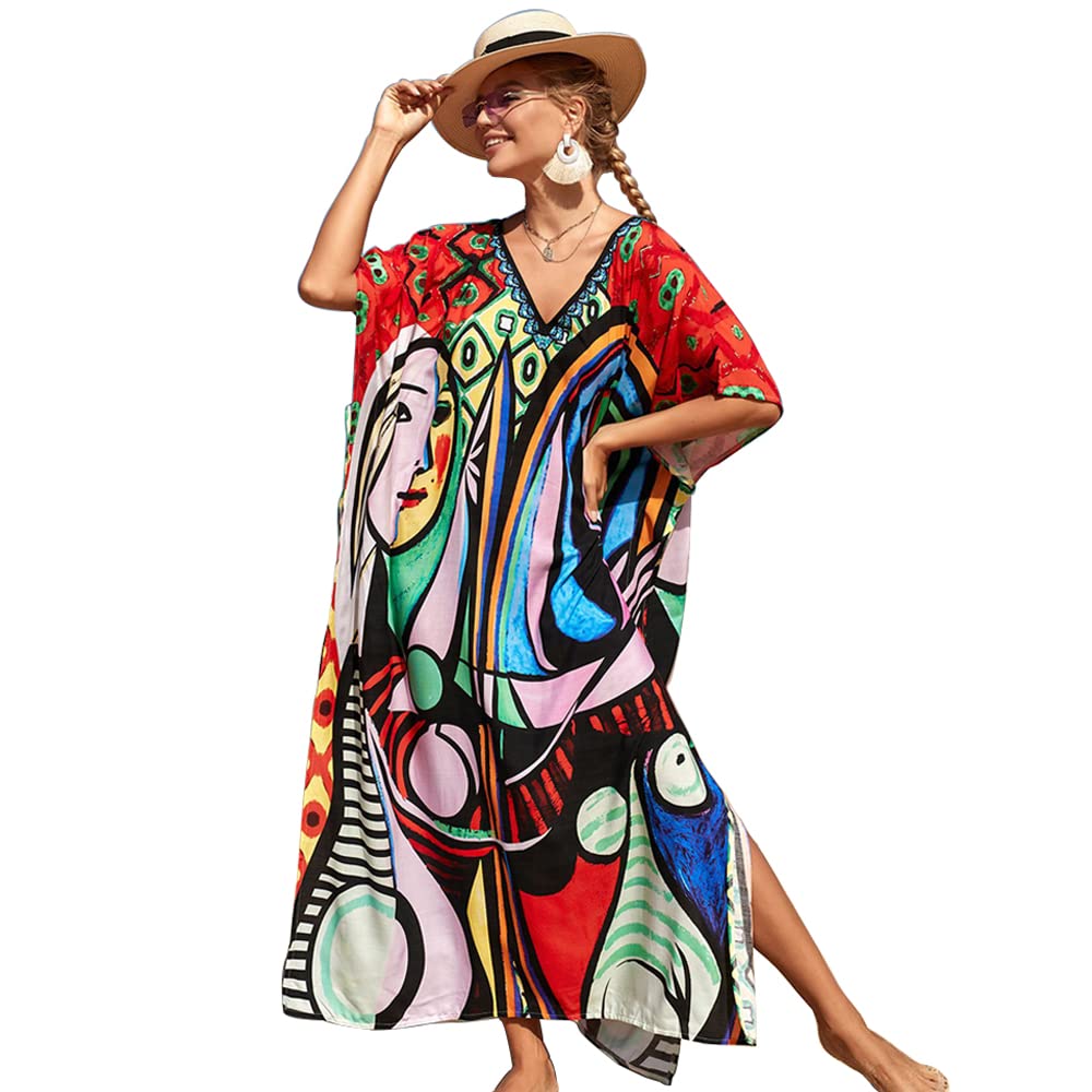 XIVISTO Kaftan Vestido Largo de Playa Mujer Maxi Túnica Pareo Floral Bohemio Traje de Baño Cover Ups