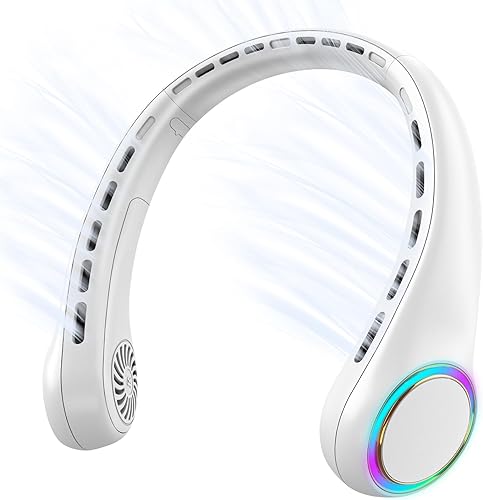 Ventilador de cuello portátil, ventilador personal con batería de 4000 mAh, ventilador de cuello recargable con 3 velocidades y 64 luces frías,
