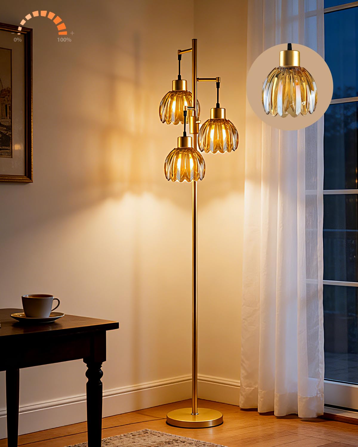 Lightdot 65'' Glass Floor Lamp Dimmable Gold Floor Lamps with Brown Lotus Glass Shade&amp; 3000K Bulbs Included 3-Lights Modern Tall Standing Lamp for Living Room/Bedroom/Sofa Beside/Corner Decor