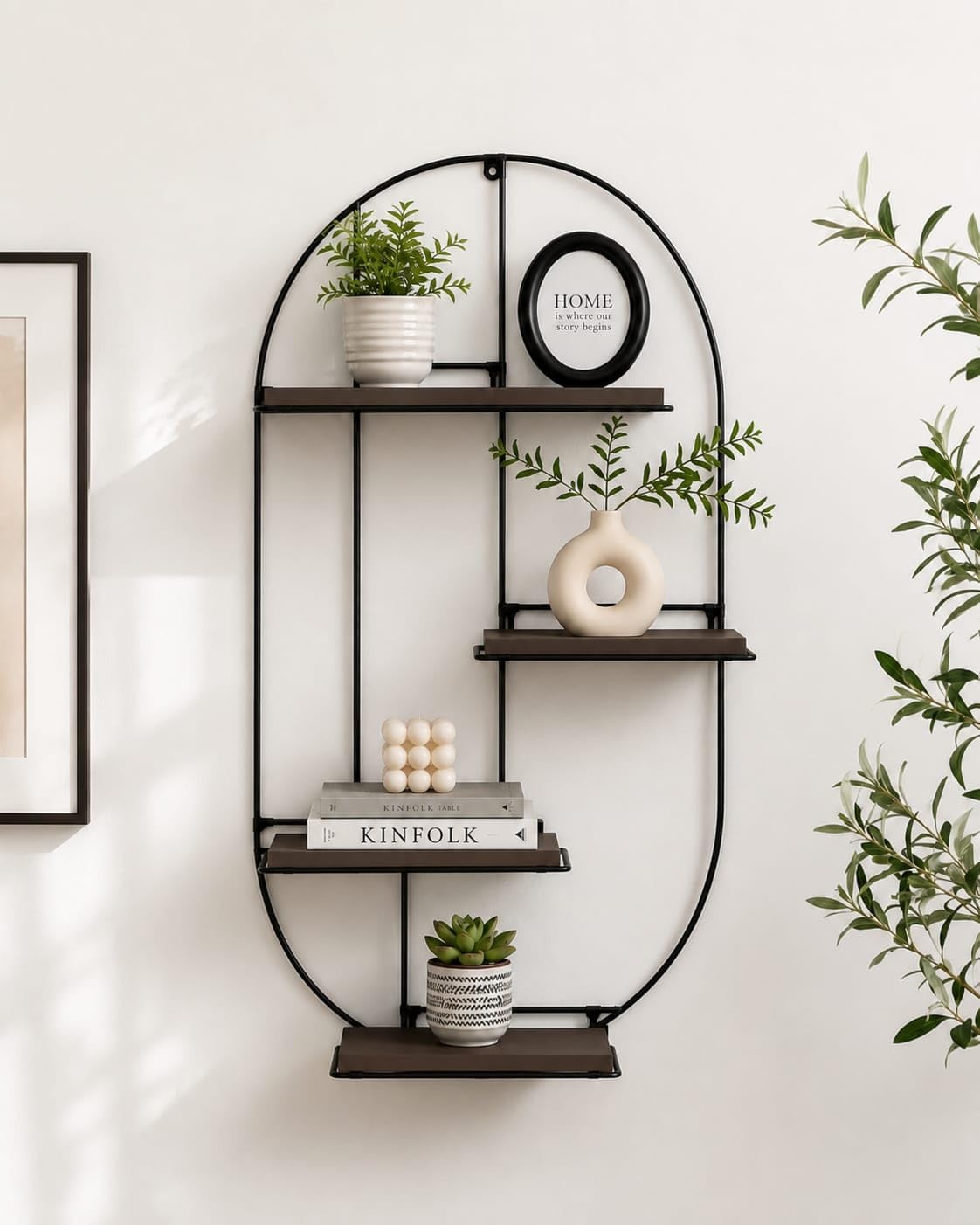 Modern Oval Geometric Wall Shelf for Living Room | 4 Tier Shelf with Black Metal Frame | Decorative Wall Mounted Display Rack for Bedroom, Hall, Office & Home Decor | Black & Brown-image-15