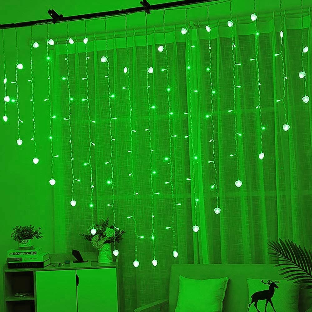 Kurtyna okienna LED, sople lodu, łańcuch świetlny, 124 diody LED, 2 m x 1,5 m, 8 trybów pracy, pilot zdalnego sterowania, baterie, złącze USB, na imprezę, do sypialni, na wesele (zielona)