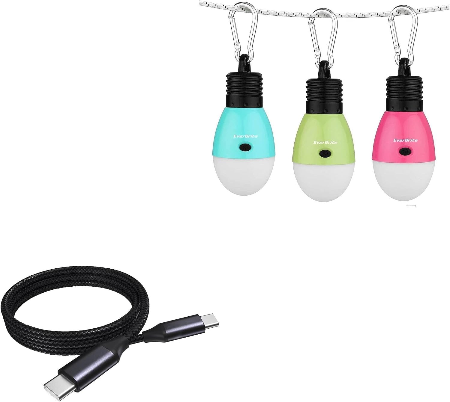 BoxWave Cable Compatible with EverBrite Rechargeable Camping Light Bulbs - DirectSync PD Cable (3ft) - USB-C to USB-C (100W), Type C Braided Charge and Fast Sync - Jet Black