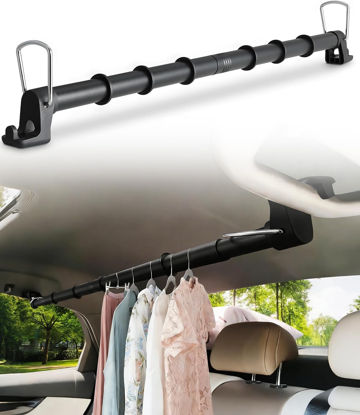 Beinhome Telescoping Car Clothes Hanger Bar 30 to 63 Inches Adjustable, Heavy Duty Clothing Rod for Car, Detachable 3-Rod Design for SUV, Truck, Van, RVs - Wrinkle-Free Travel Garment Organizer