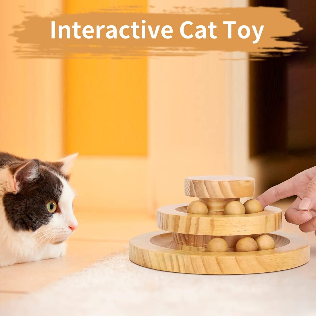 Cat Toys Wooden, Cat Supplies Funny Roller Double Layer Track Turntable with Bell Ball Cat Tower Toy for Kitten Toy