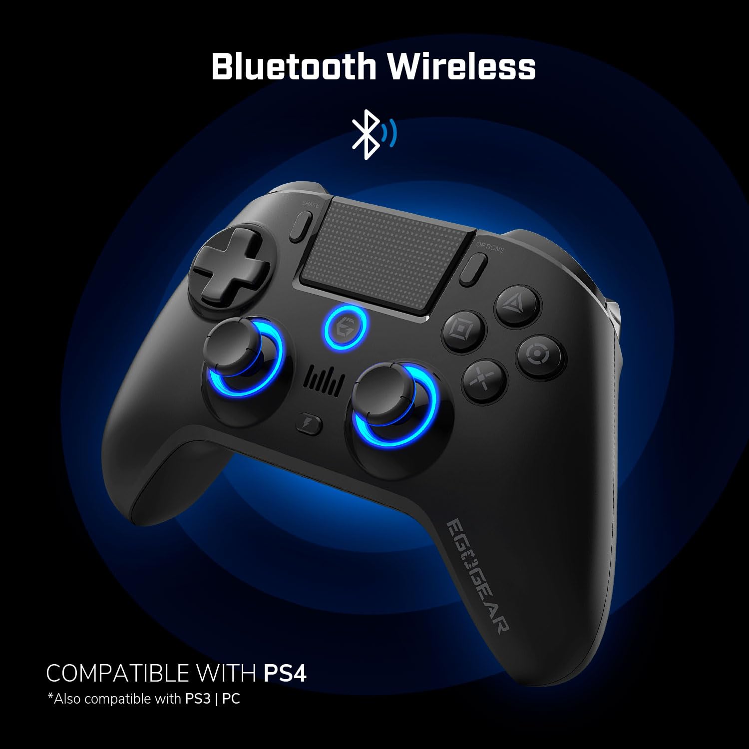 EgoGear - Manette Gaming à palettes sans fil Bluetooth SC15 Noire pour PS4/PS3/PC, RGB personnalisables, Moteurs de vibrations, Port jack 3.5mm, 800 mAh