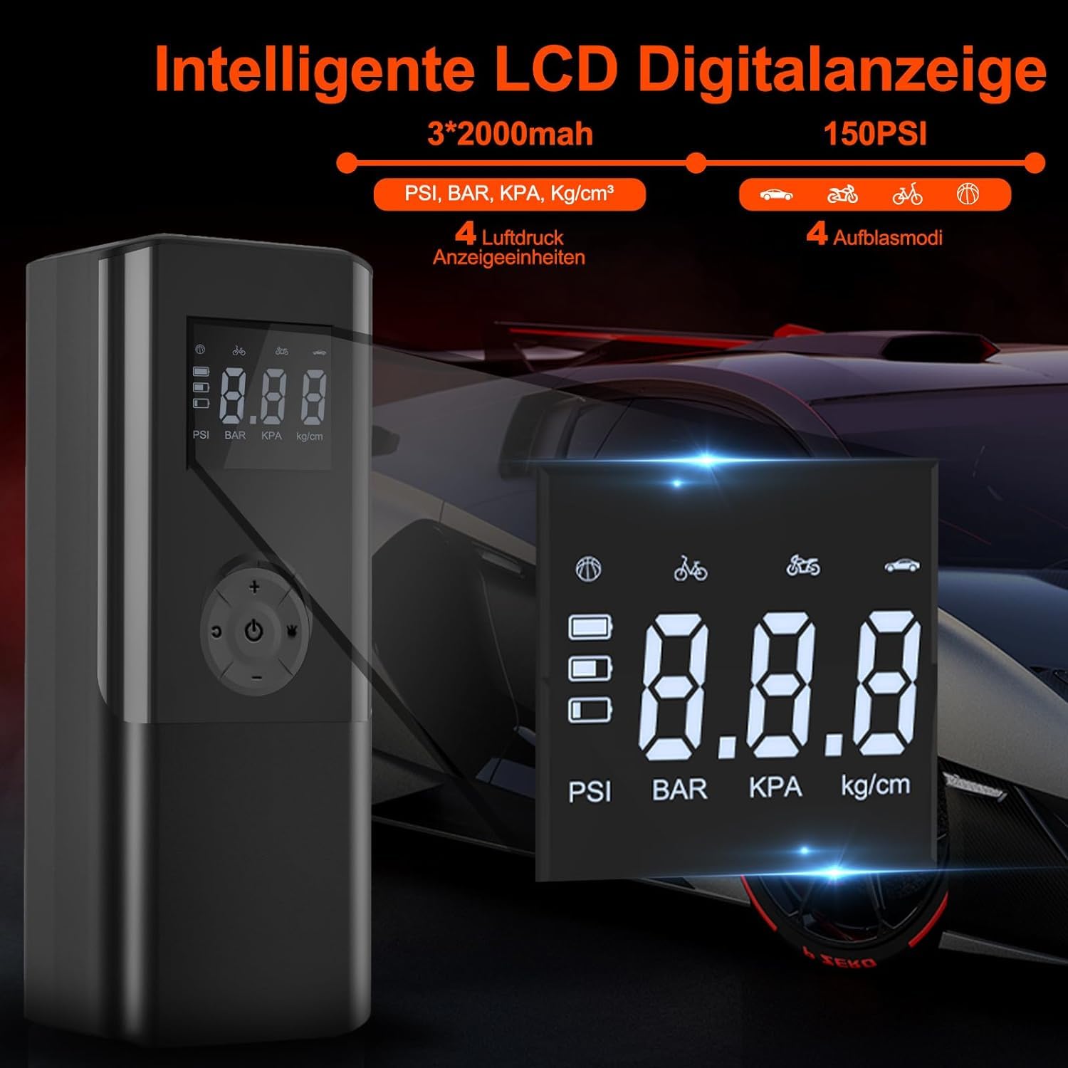 Luftpumpe 150PSI Elektrische Fahrradpumpe Mini Kompressor 12V EasyPump Mit Alle Ventile Autostop Funktion LCD LED Reifenfüller Tragbarer Luftkompressor über USB-C wiederaufladbar Als Powerbank