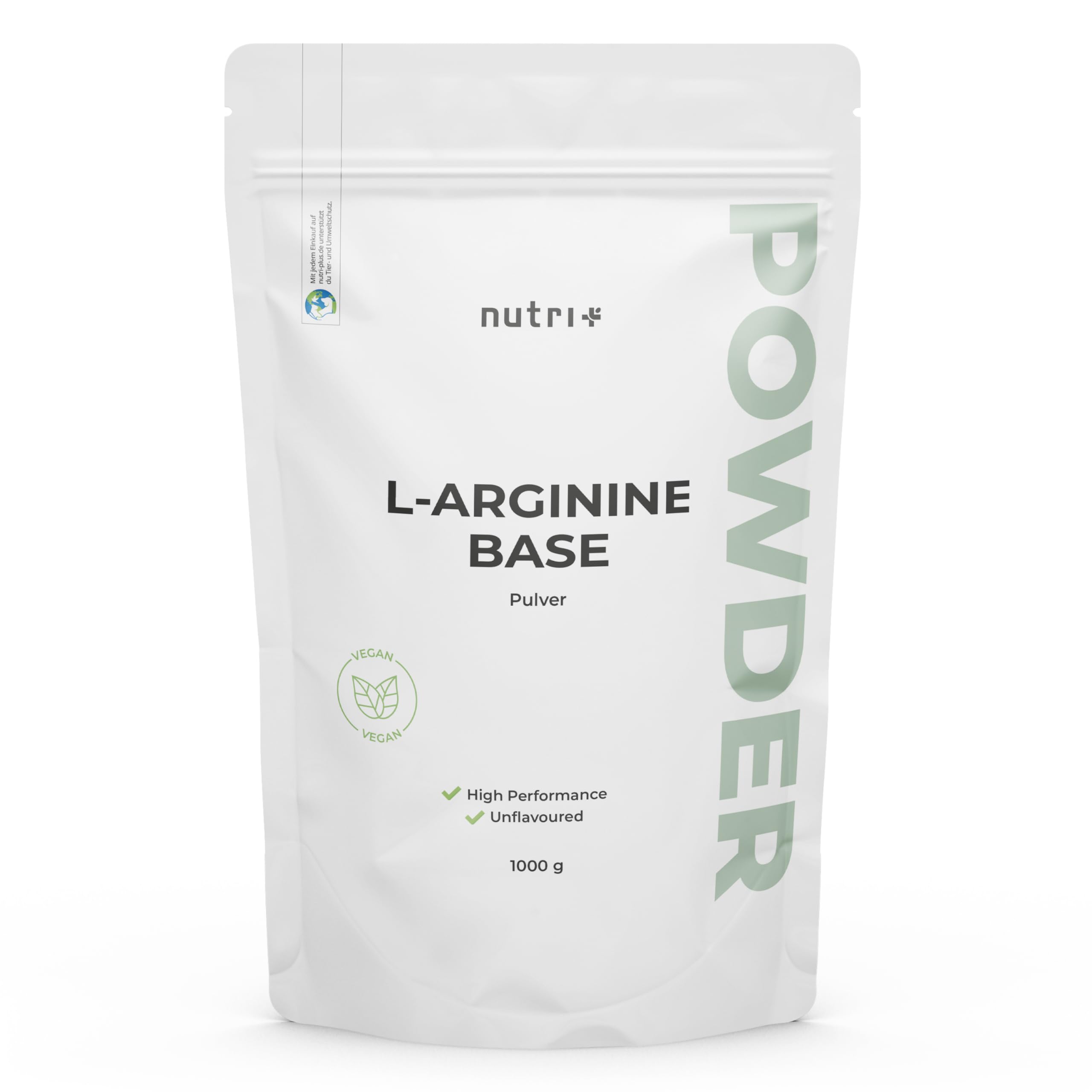 nutri+ L-Arginine Base Poudre 1 kg - hautement dosée - végétale par fermentation - L-Arginine pure Powder 1000 g - Vegan - Neutre - sans additif - qualité premium