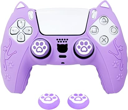 Purple Cat Ear PS5 Controller Cover - Cute Silicone Skin with Cat & Paw Prints + 2 Matching Lavender Cat Paw Thumbstick Caps | Kawaii Grip for PlayStation 5