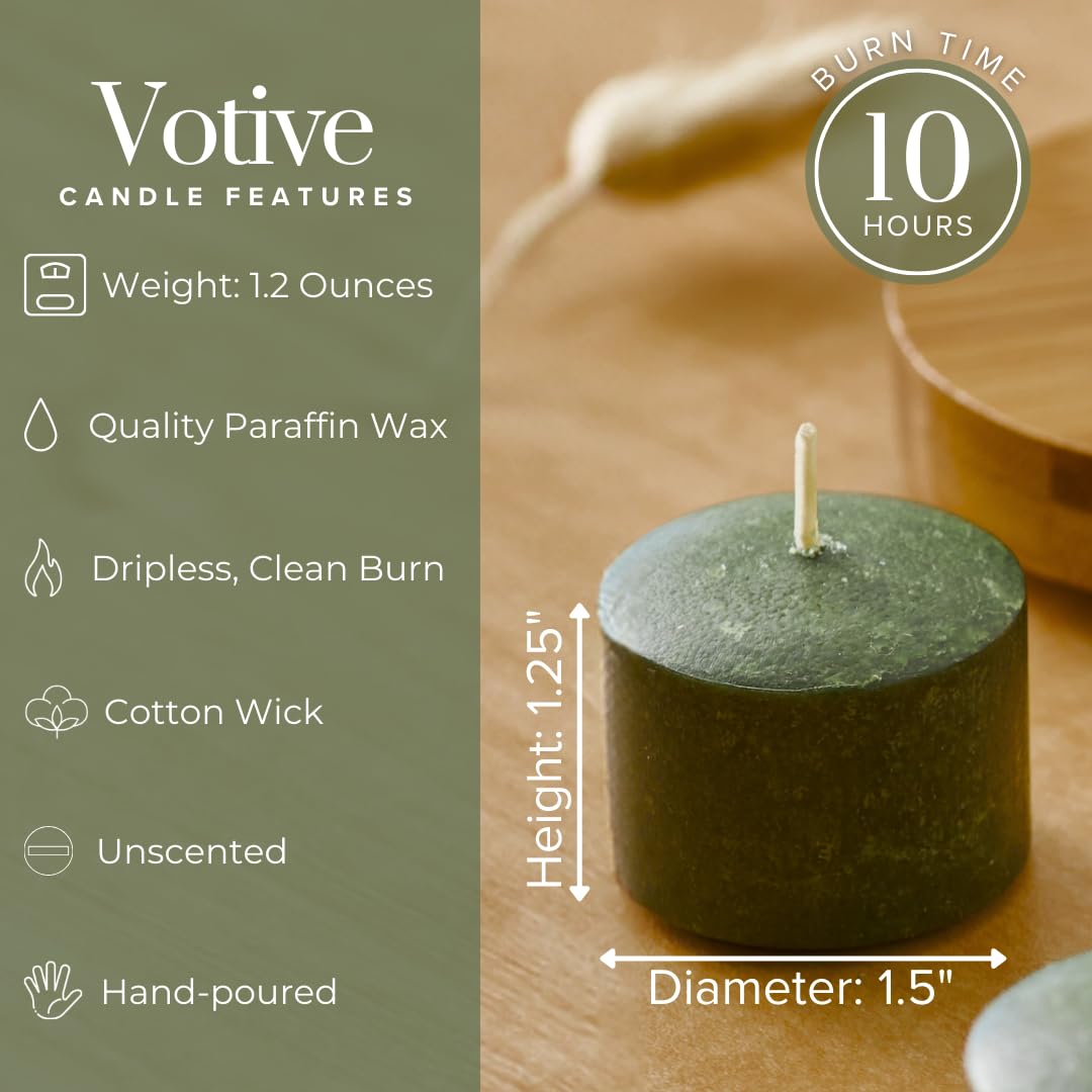 Simply Soson Dark Moss Green Votive Candles - 24 Unscented Glass Candles, 10 Hour Burn Time - Perfect for Weddings, Birthdays, Holidays & Home Decor