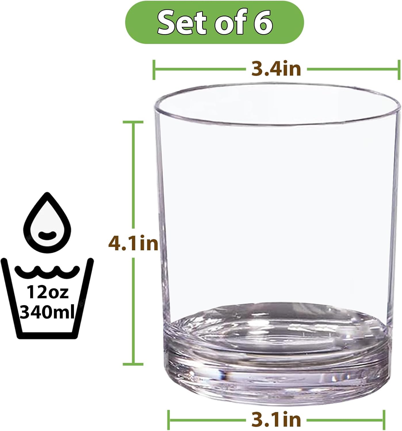 12 oz Drinking Glass Sets, Set of 6 Plastic Cups Unbreakable Drinkware Glasses Set Tumblers & Water Glasses Acrylic Clear Drinking Glasses, BPA-Free Beer Glasses for Home & Outdoors, Dishwasher Safe 6 12 oz