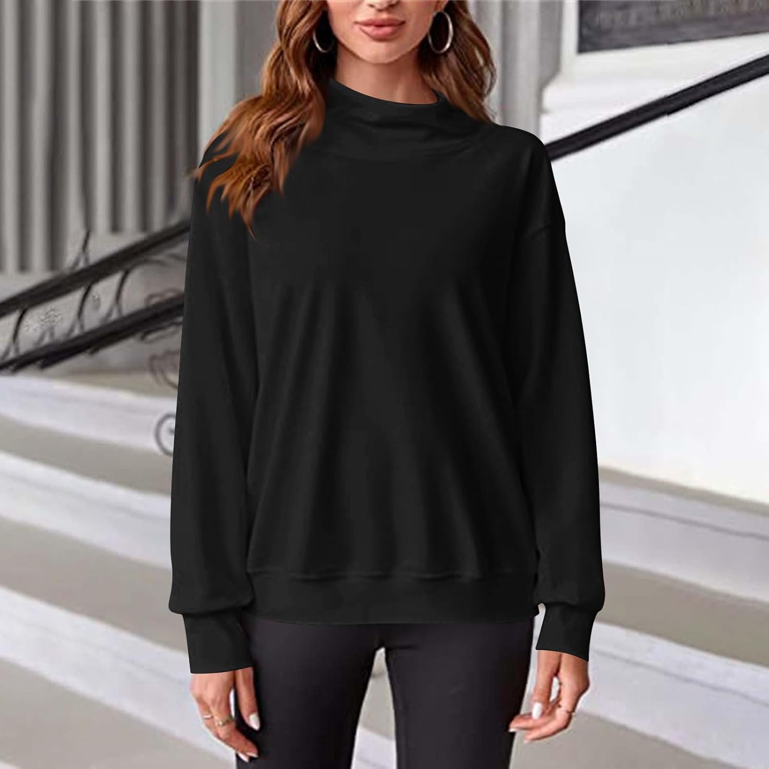 Mock Neck Sweatshirt Womens Fall Oversized Turtleneck Pullover Slouchy Fleece Long Sleeve Sweater Tops Preppy Outfits - Image 3