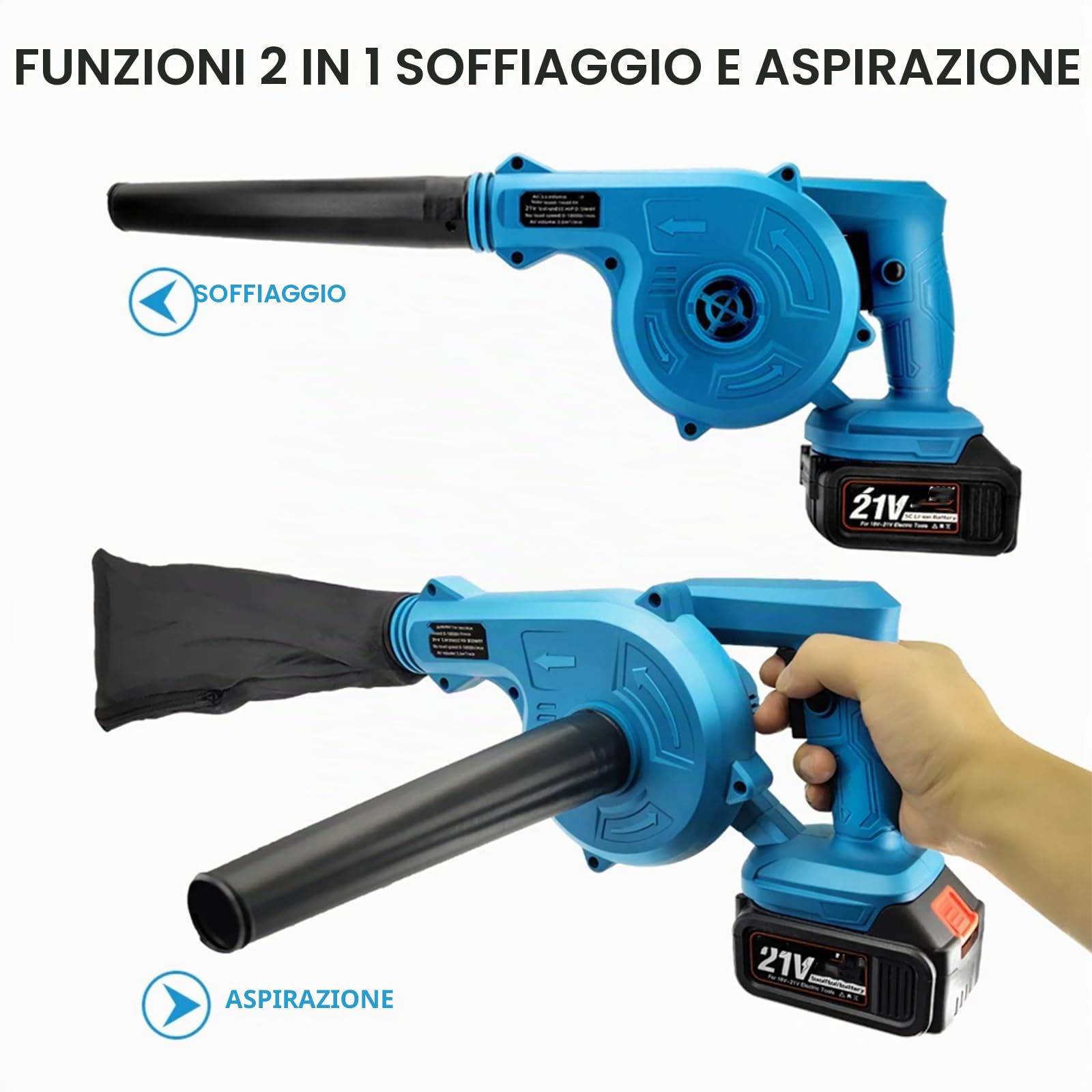 Voltix Soffiatore Aspiratore a Batteria 21V con 2 Batterie e Caricabatteria, Soffiatore Elettrico per Foglie 2 in 1, Potente e Leggero per Giardino, Cortile e Terrazzo