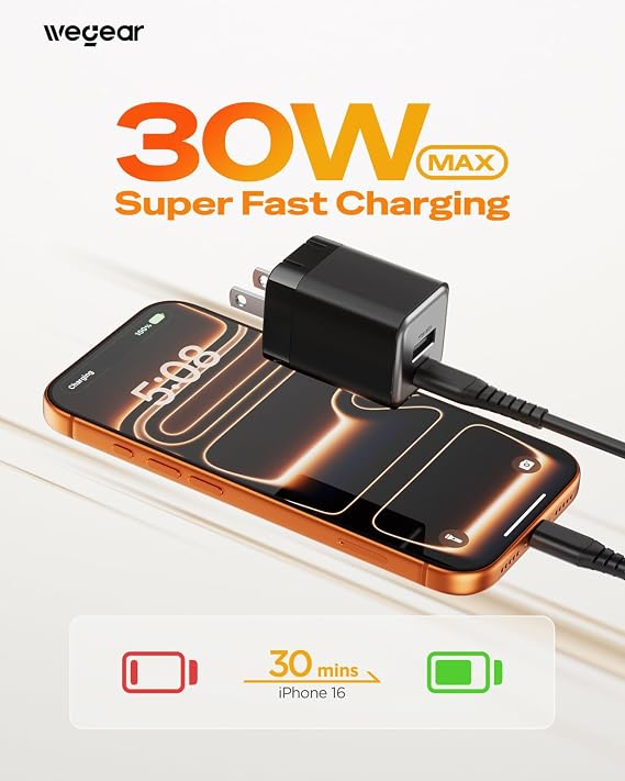 wegear 30W Fast Charger, Dual Port USB C Wall Charger with Foldable Plug