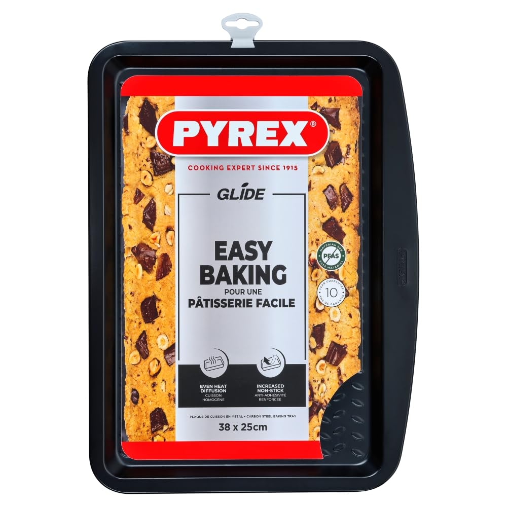 Pyrex - Glide Rectangular Metal Baking Tray - PFAS-Free Non-Stick Coating - Even Cooking - Durable - Practical XL Handle - Dishwasher Safe (38 x 25 cm)